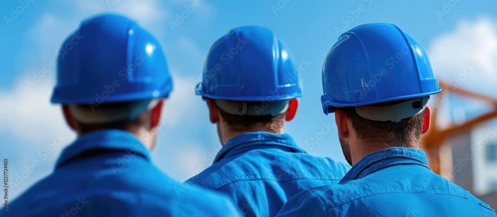 Poster engineers in blue hard hats supervising welding operations against a clear sky with ample space for 