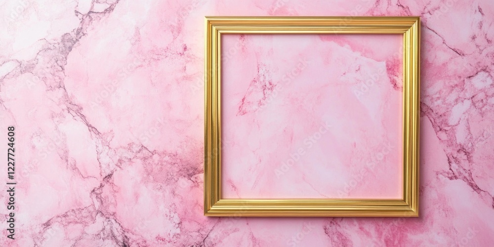 Poster elegant golden picture frame on soft pink marble background with empty space for your text or design