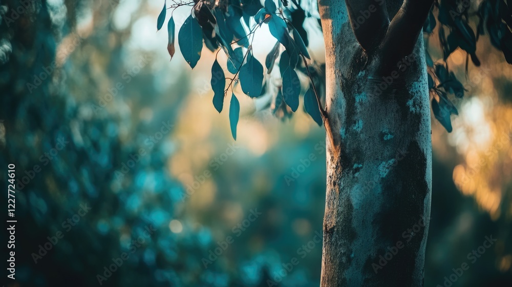 Poster majestic close-up of a eucalyptus tree showcasing textured bark and lush leaves in a tranquil, softl