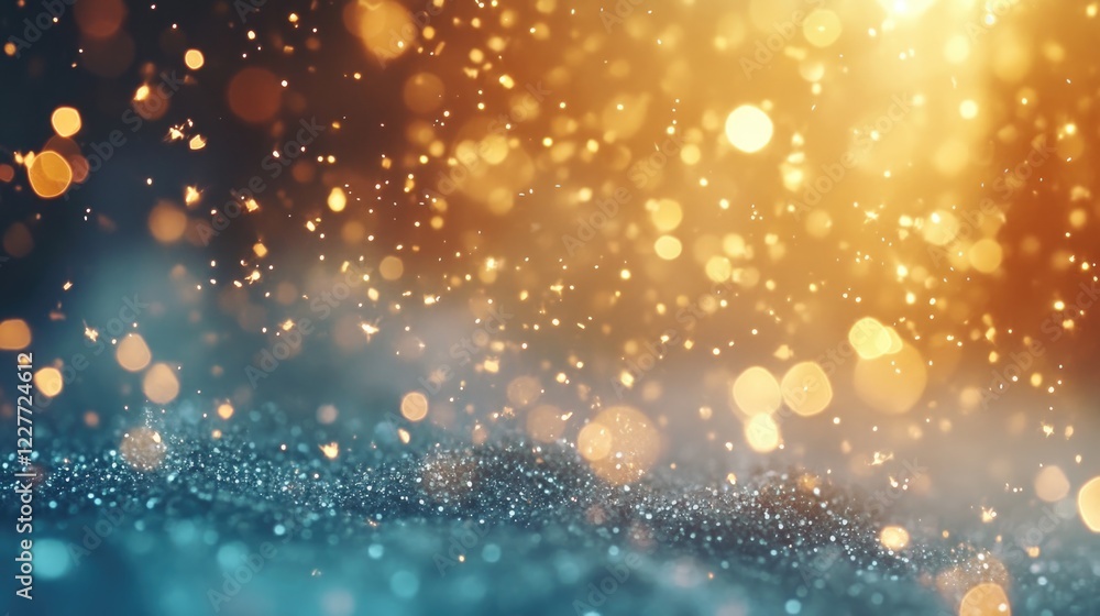 Poster illuminated golden glitter background with sparkling bokeh effects ideal for holiday decoration or f