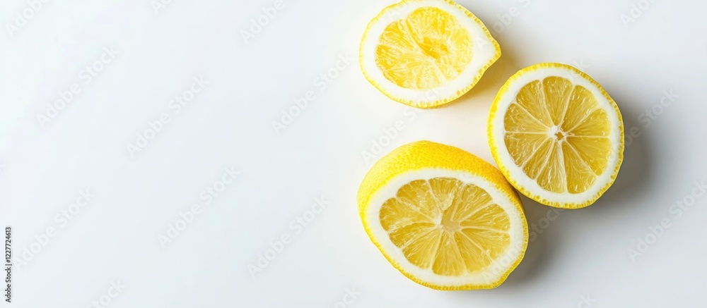 Poster sliced fresh lemons on a light background with copy space for text in a clean and modern kitchen set