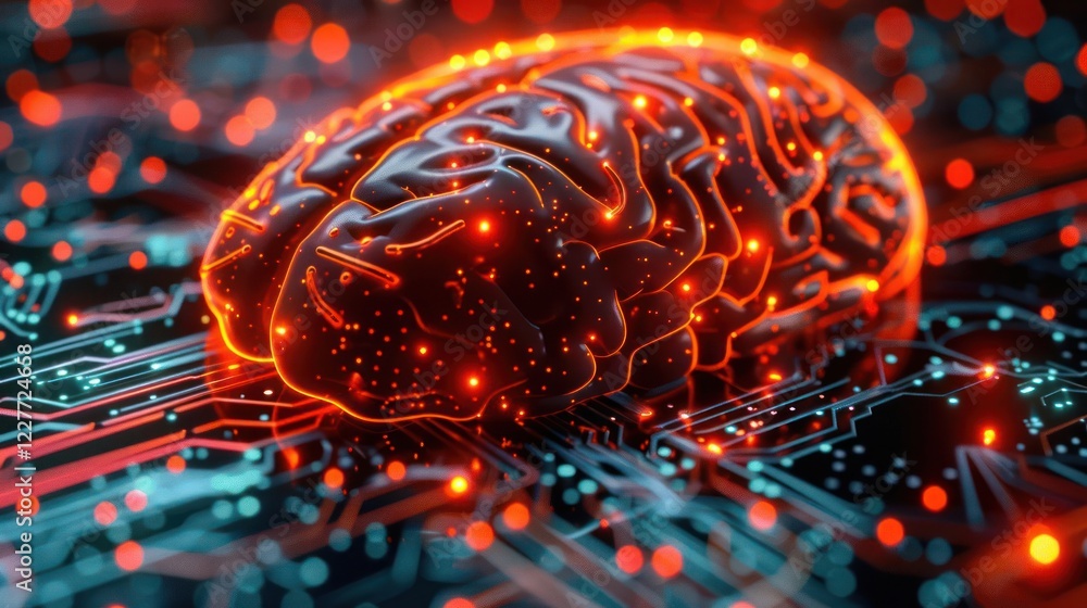 Poster glowing neural network brain on a circuit board with vibrant lights and technology background