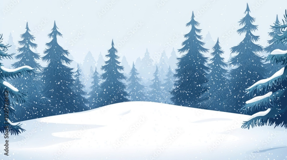 Poster winter pine forest landscape with tall coniferous trees blanketed in snow and a serene clearing idea