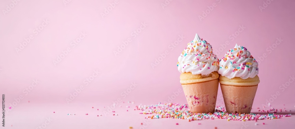 Poster delightful ice cream cones with sprinkles on pink background ideal for food blogging and product pro