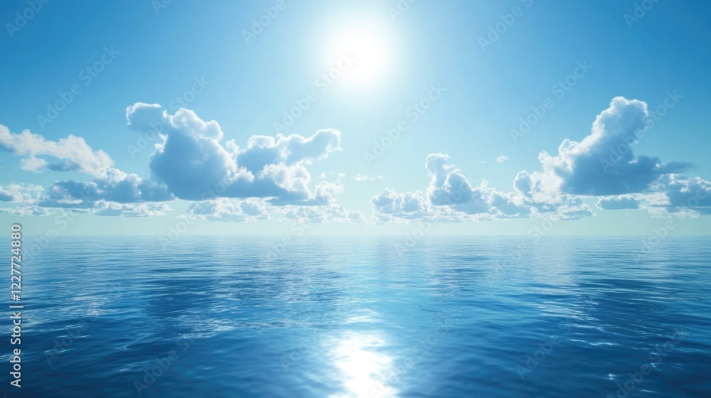 Poster peaceful ocean horizon under a bright blue sky with fluffy clouds and sun reflection creating a sere