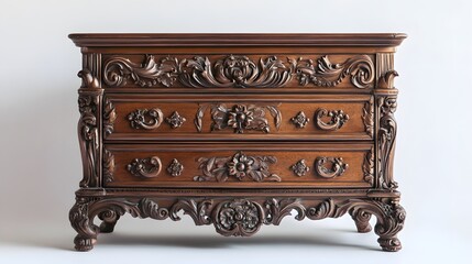 43. A vintage wooden dresser with intricate details, displayed against a clean white backdrop