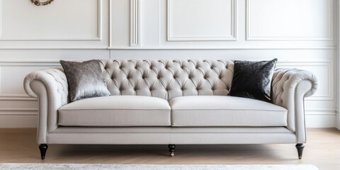 Chic light grey tufted sofa in a contemporary bright living room with ample empty space for customizable text or branding elements