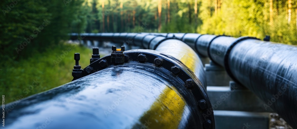 Poster engineer inspecting industrial pipeline with lush green surroundings and empty space for potential t