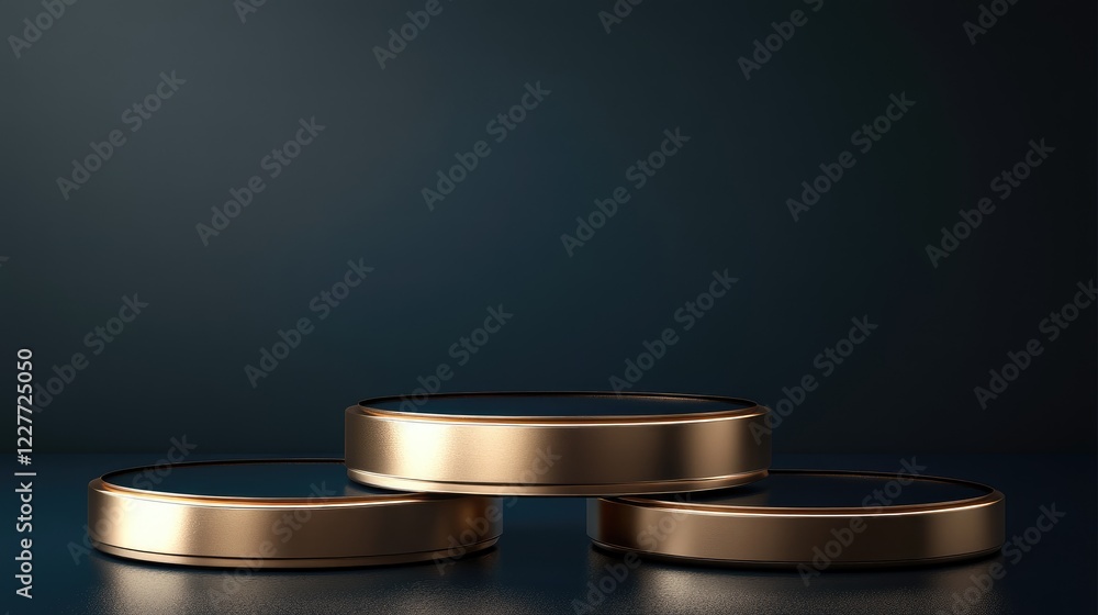 Poster elegant metallic podiums on a dark blue background for product display or award presentation concept