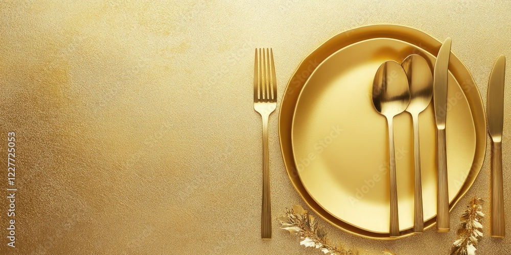 Poster elegant gold dinnerware on golden background festive table setting with empty space for customizatio