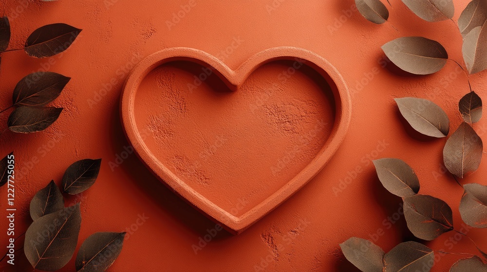 Aufkleber Terracotta background featuring a heart-shaped frame surrounded by leaves creating a romantic atmosphere for design projects.