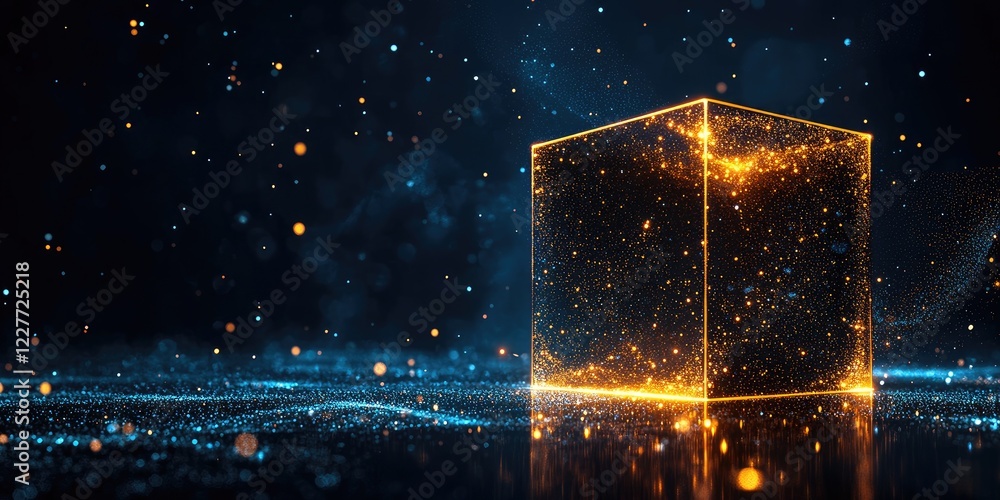 Aufkleber elegant luminous cube emitting swirling particles against a mesmerizing dark backdrop with ample emp