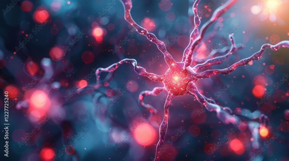 Poster colorful microscopic view of neurons with glowing synapses in a vibrant digital environment
