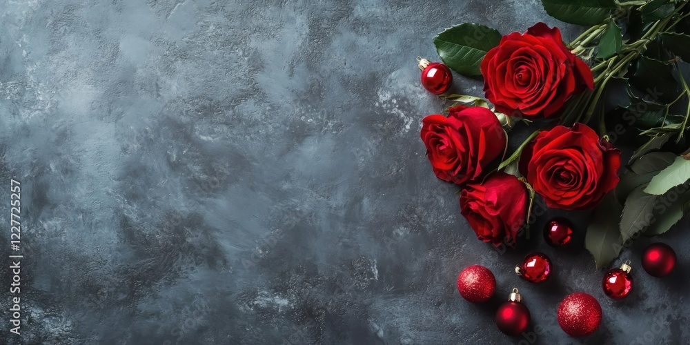 Poster elegant dining table setup with red roses and festive decorations featuring ample empty space for te