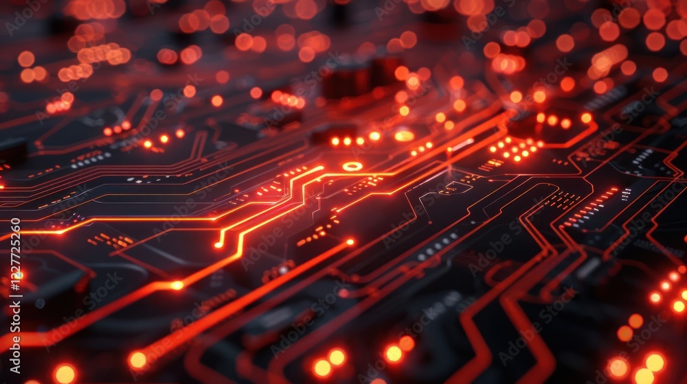 Poster close-up view of a glowing circuit board with intricate patterns and vibrant red lights