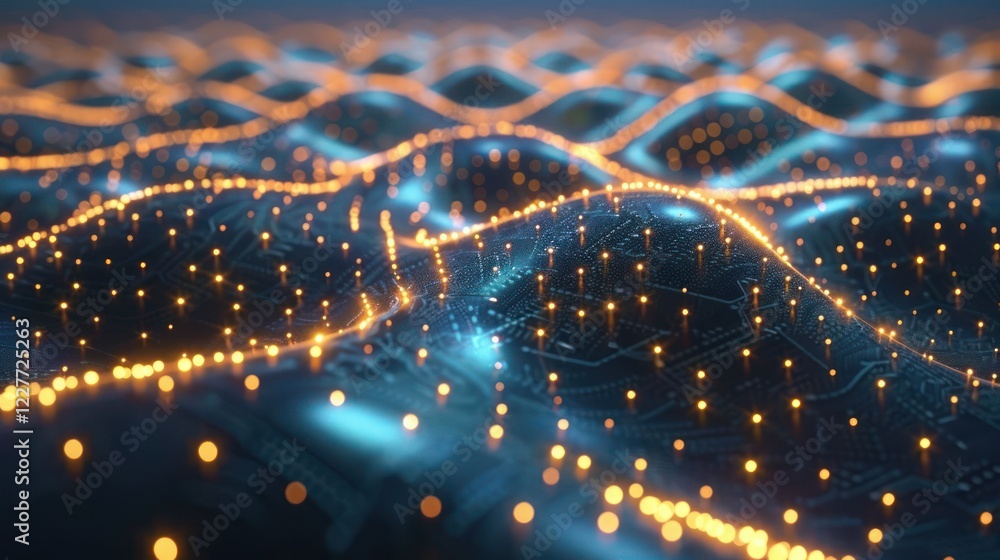 Poster abstract representation of interconnected data points forming a digital landscape at night