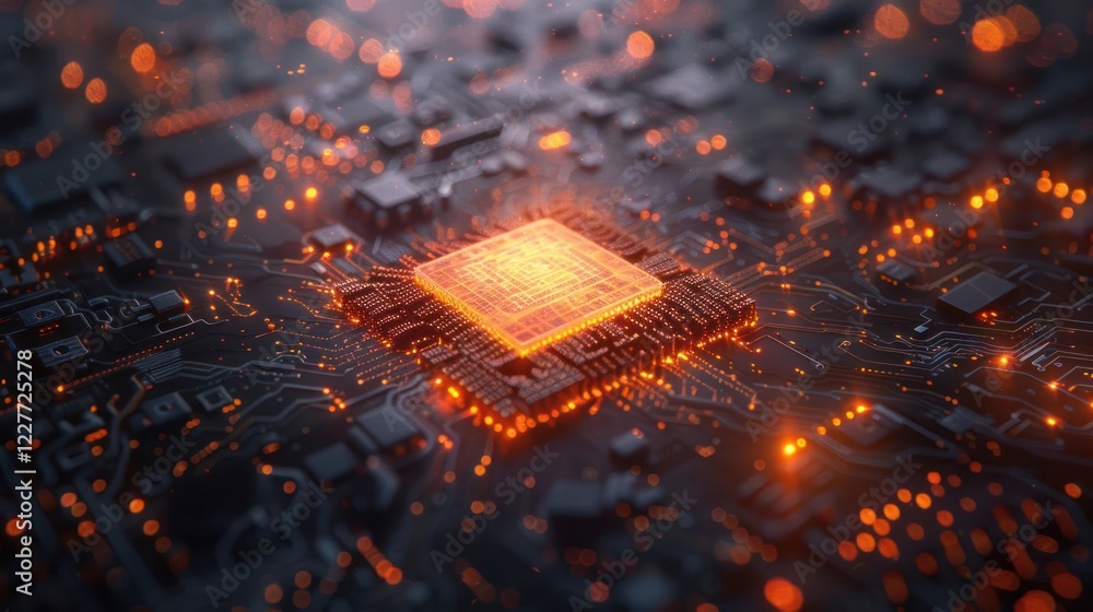 Poster close-up of a glowing microchip on a dark circuit board, showcasing intricate details and glowing el