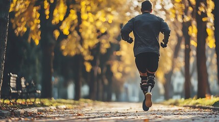 Determined athlete with prosthetic leg running through a golden autumn park path