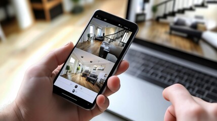 Businessman monitoring home security cameras on smartphone app