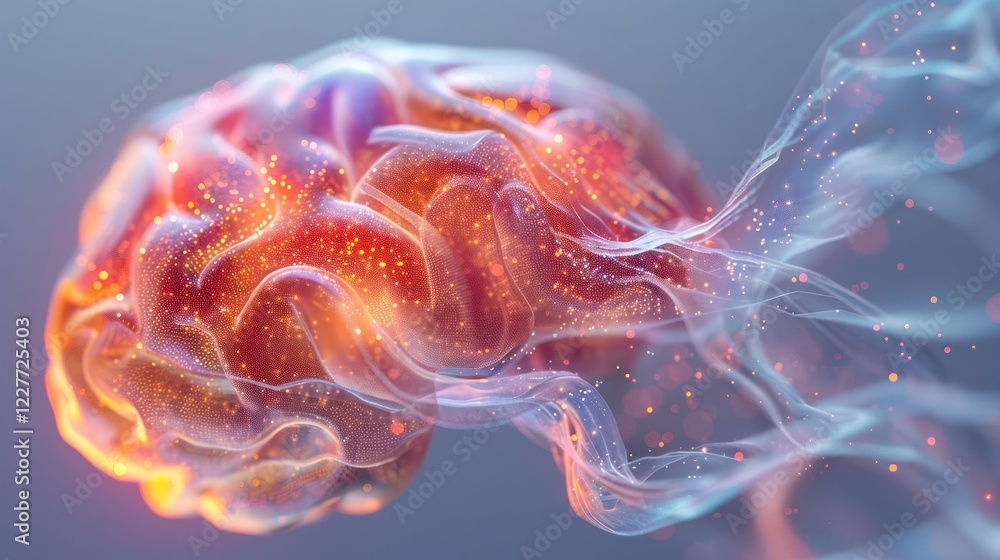 Poster abstract visualization of a glowing brain with ethereal wisps and particles, symbolizing thought