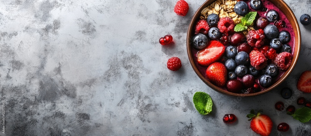 Poster smoothie bowl with fresh mixed berries and granola against grey background with ample space for text