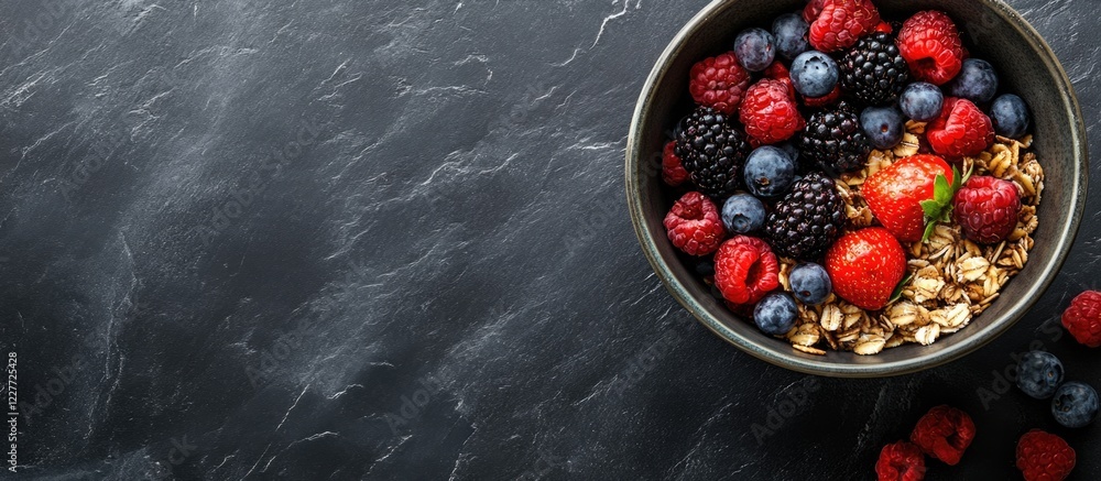 Poster Smoothie Bowl with Mixed Berries and Granola on Dark Background with Ample Space for Custom Text or Branding