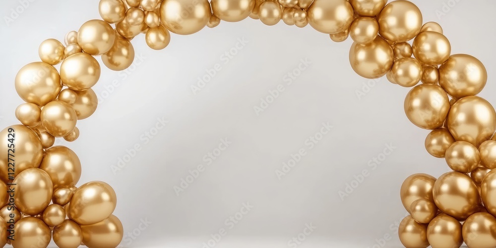 Poster golden balloon arch creating an elegant backdrop in festive event space with ample blank area for pe