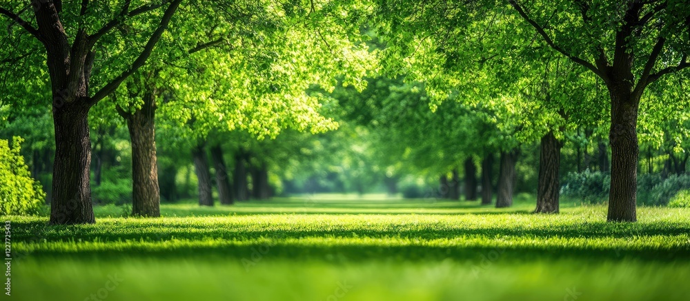 Poster lush green trees in park creating a serene blurred background with bokeh effect perfect for spring a