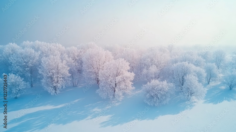 Poster Serene winter forest landscape with frosted trees and pristine white snow illuminated by soft light ideal for seasonal promotions or backgrounds.