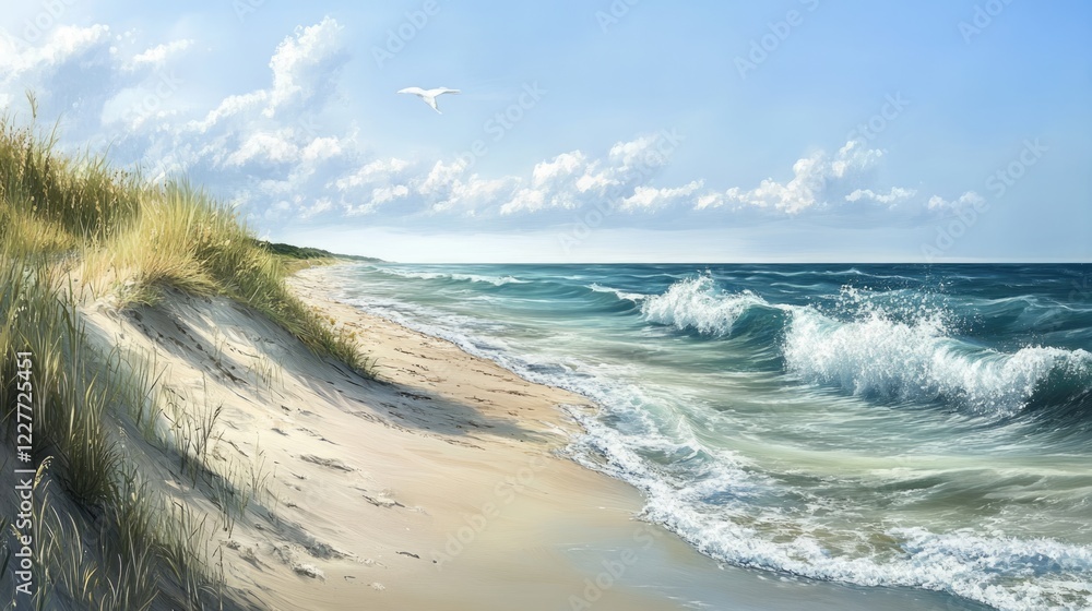 Poster tranquil beach landscape featuring gentle waves and serene summer vibes captured in high-resolution 