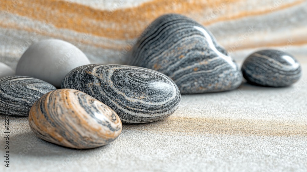 Poster smooth pebbles with striped patterns on neutral background for natural texture and design elements