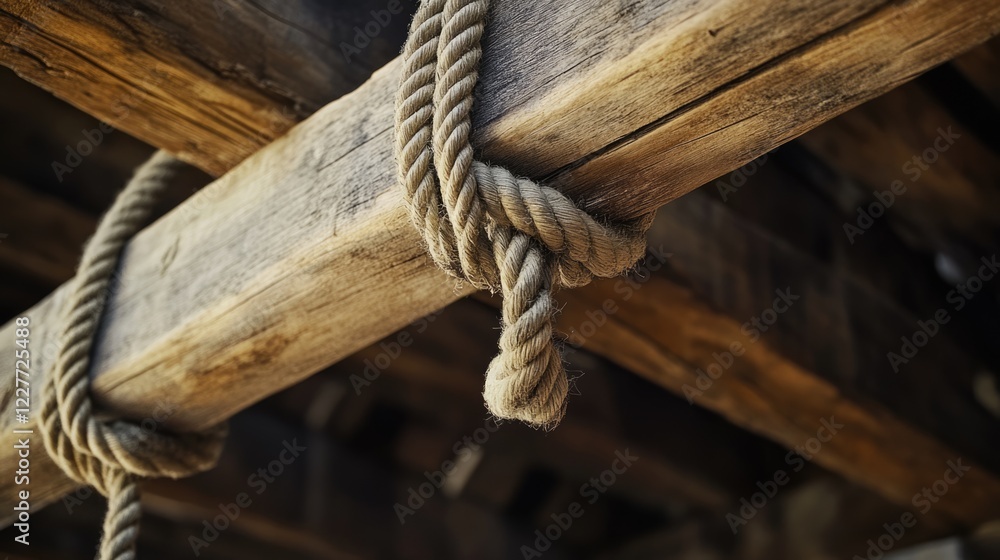 Poster rope tied securely to a rustic wooden beam showcasing a strong knot and natural textures in a rustic