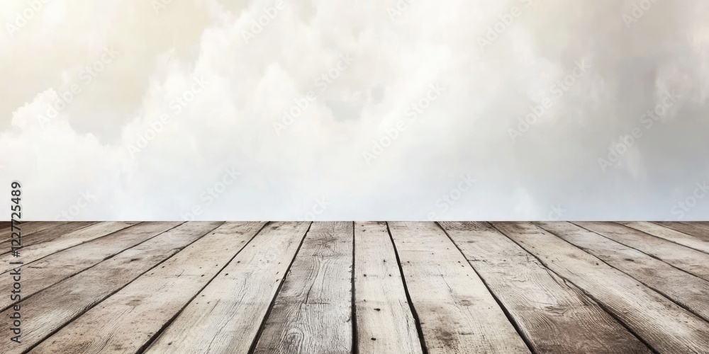Poster rustic old wooden plank surface with blank space for text against a soft cloudy sky background