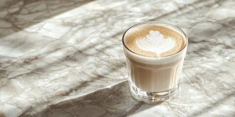 Elegant latte in clear glass on marble table with soft natural light and ample space for text overlay. Ideal for beverage advertising.