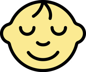 Cartoon illustration of a cute baby face with closed eyes and a peaceful smile, conveying relaxation, calmness, and happiness