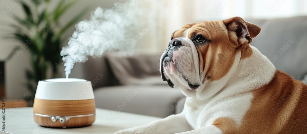 Poster english bulldog relaxing at home beside diffuser with aromatic steam and empty space for text or ad 