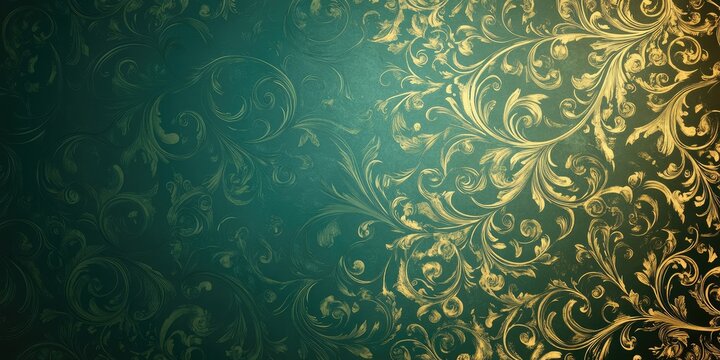 Elegant green damask wallpaper with gold swirls design featuring empty space for text or messaging opportunities