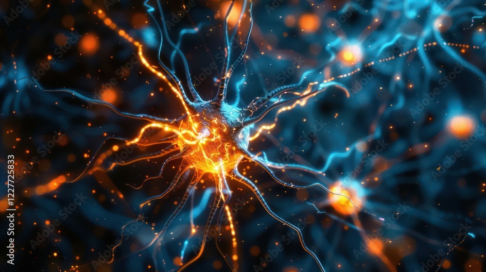 Poster abstract visualization of interconnected neurons with glowing orange and blue elements on a dark bac