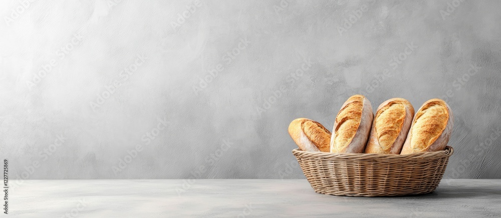 Poster basket of fresh baguettes against gray background minimalist bakery bread display with copyspace for