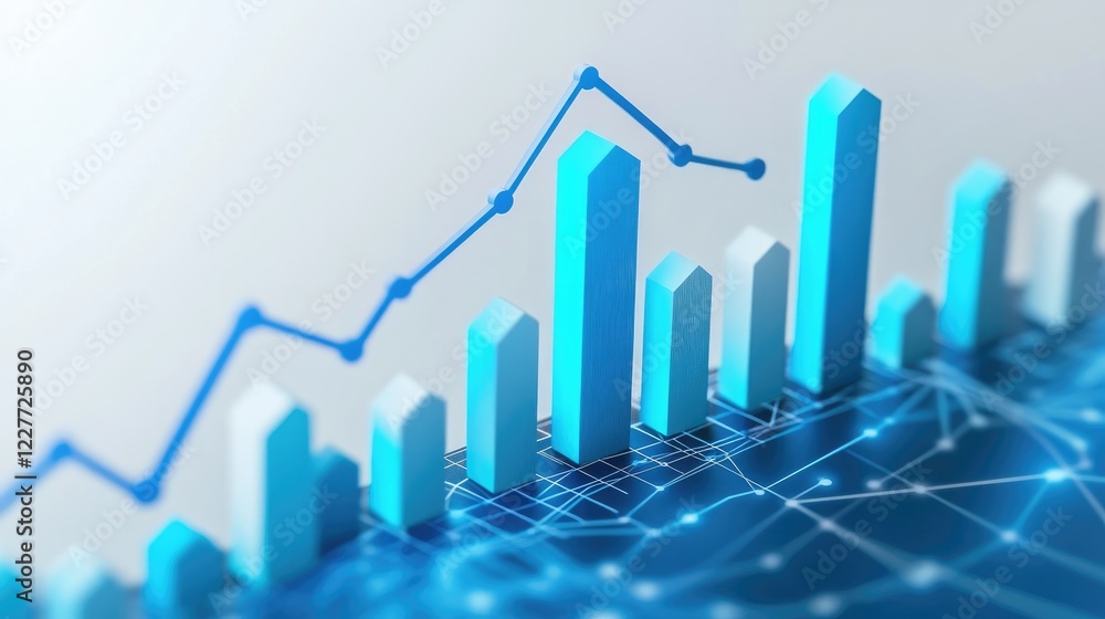 Poster a blue and white d bar chart showing financial growth with sharp, clean lines, representing an incre