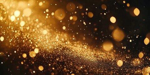 Elegant golden bokeh background with sparkling particles ideal for celebratory invitations and greeting cards with space for customization.