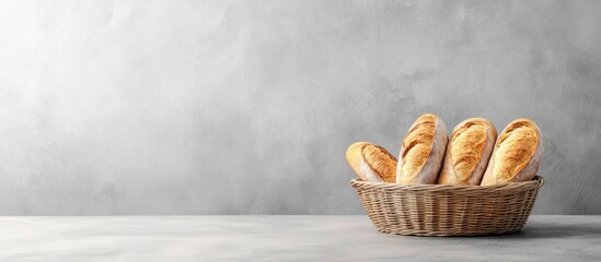 Basket of Fresh Baguettes Against Gray Background Minimalist Bakery Bread Display with Copyspace for Text in Rectangular Format