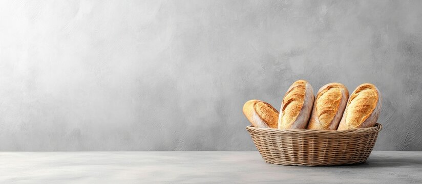 Basket of Fresh Baguettes Against Gray Background Minimalist Bakery Bread Display with Copyspace for Text in Rectangular Format