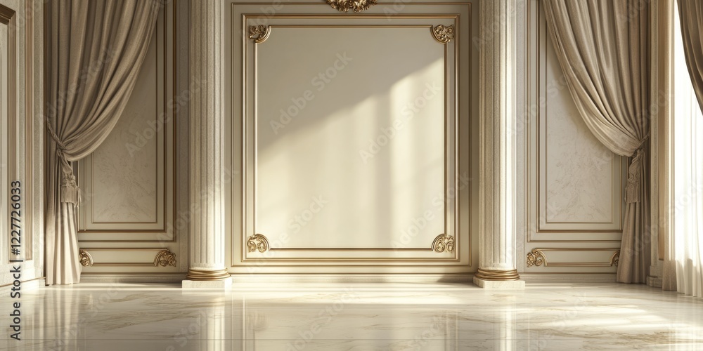 Poster luxurious indoor space with soft lighting and decorative columns ideal for creative text placement