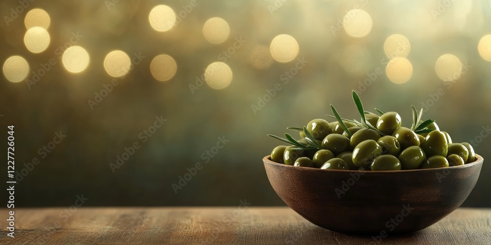 Aufkleber bowl of fresh green olives with bokeh background and empty space for text ideal for culinary or life