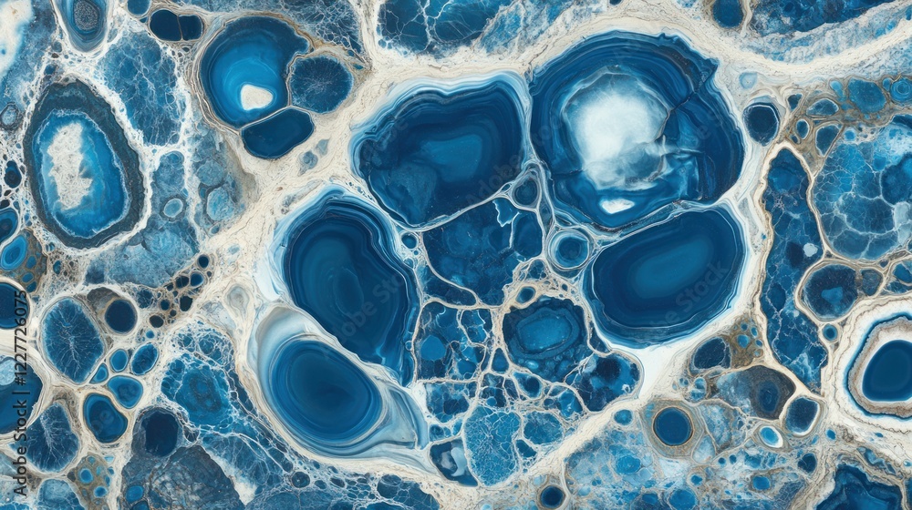Poster abstract blue and white marbled texture with circular patterns