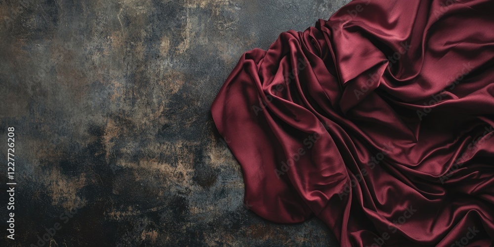 Poster rich red silk satin fabric elegantly draped on a dark textured background with empty space for creat
