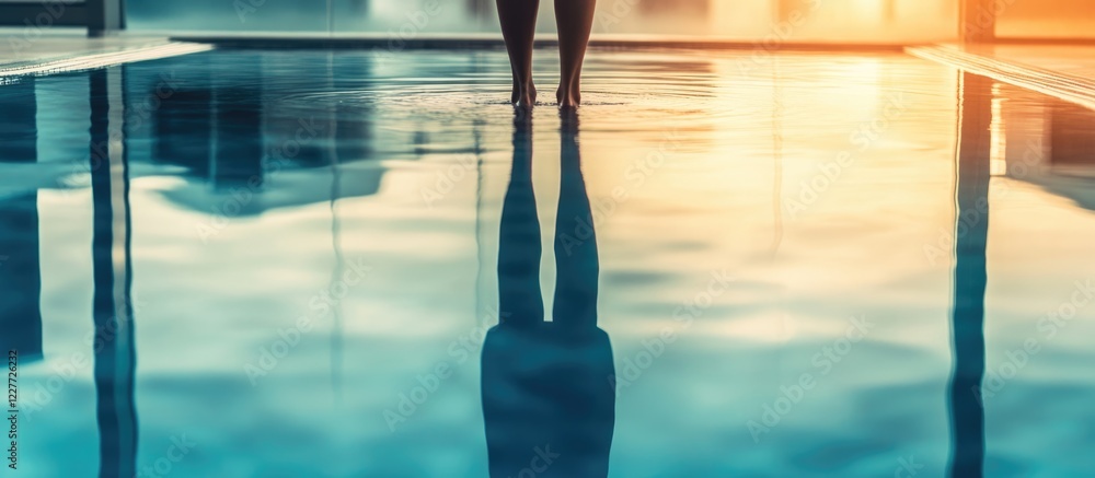 Poster person standing by the pool reflecting on the water with a serene atmosphere and ample copy space fo