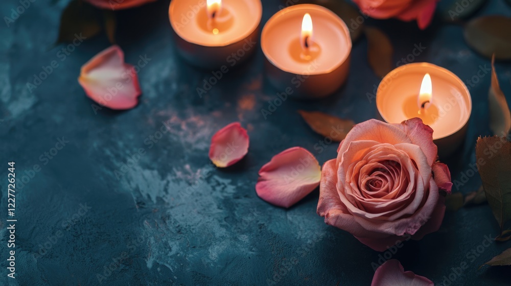 Poster cozy spa background with lit candles and rose petals for a serene and relaxing atmosphere ideal for 