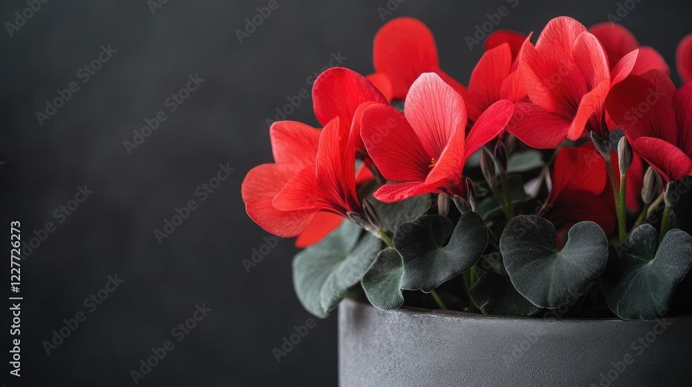 Aufkleber close up of vibrant red cyclamen flowers with lush green leaves in a pot against a dark background w